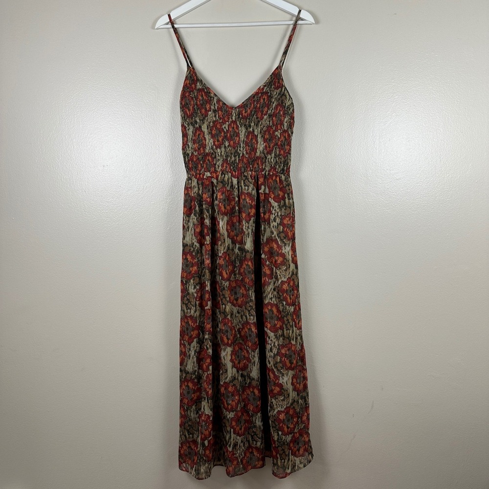 Mystree Women's L Maxi Dress Multicolor Floral Smocked Metallic Boho Cottagecore